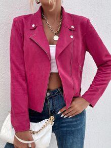 SHEIN LUNE Cazadora de moto de cuello con solapa con cremallera - Rosa Fucsia - Ver 6