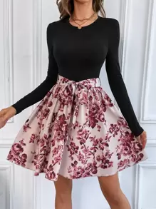 SHEIN Clasi Floral Print Belted Combo Dress - Multicolor - View 1