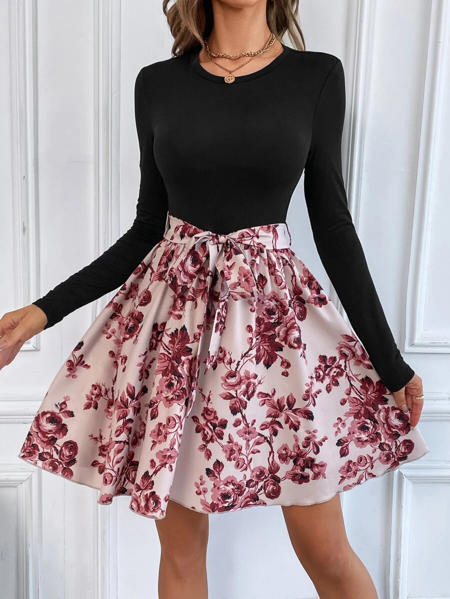 SHEIN Clasi Floral Print Belted Combo Dress - Multicolor - View 1