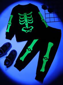 SHEIN Toddler Boys Reflective Skeleton Print Costume Pullover & Joggers - Black - View 1
