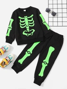 SHEIN Toddler Boys Reflective Skeleton Print Costume Pullover & Joggers - Black - View 3