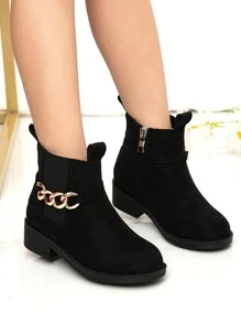 Girls Suedette Chain Decor Zipper Side Chelsea Boots - Black - View 2