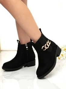 Girls Suedette Chain Decor Zipper Side Chelsea Boots - Black - View 3