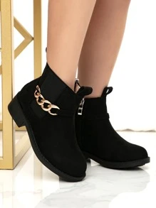 Girls Suedette Chain Decor Zipper Side Chelsea Boots - Black - View 5