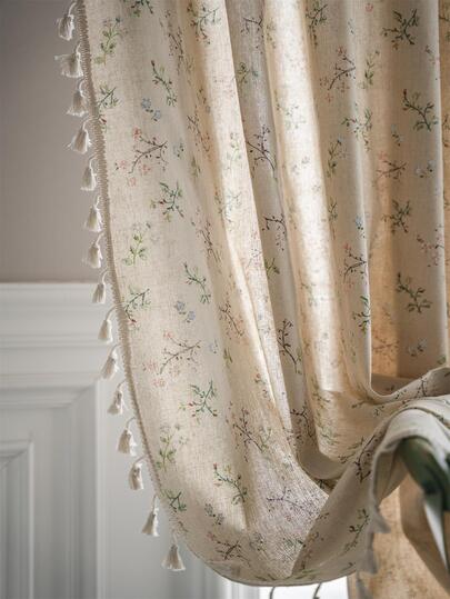 Bubaba 1pc Floral Print Blackout Curtain, Boho Farmhouse Style Beige Tassel Decorative Window Curtain, Suitable For Dining Room, Kitchen, Bedroom, Living Room, Cafe, Gym, Entryway, Patio Door, All Seasons
