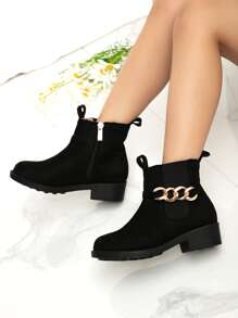 Girls Suedette Chain Decor Zipper Side Chelsea Boots - Black - View 6