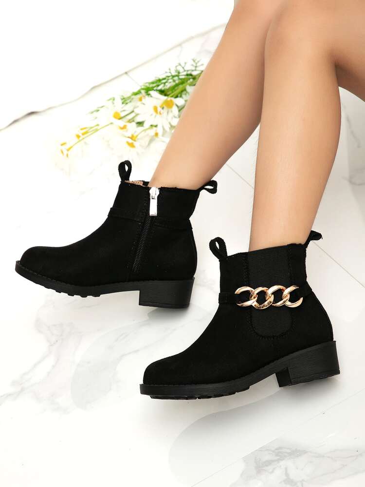 Girls Suedette Chain Decor Zipper Side Chelsea Boots - Black - View 5