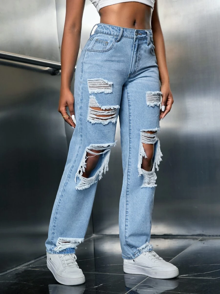 SHEIN SXY Jeans de pierna recta desgarro con abertura - Lavado ligero - Ver 1