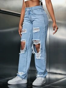 SHEIN SXY Jeans de pierna recta desgarro con abertura - Lavado ligero - Ver 4