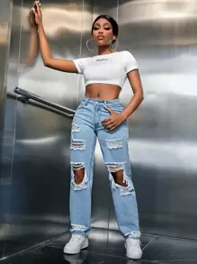 SHEIN SXY Jeans de pierna recta desgarro con abertura - Lavado ligero - Ver 5
