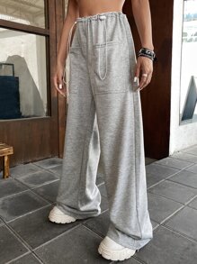 SHEIN ICON Drawstring Waist Dual Pocket Sweatpants - Light Grey - View 4