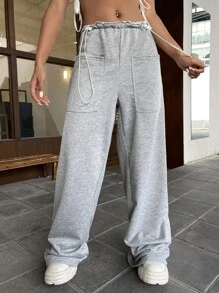 SHEIN ICON Drawstring Waist Dual Pocket Sweatpants - Light Grey - View 5