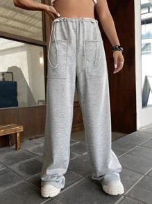 SHEIN ICON Drawstring Waist Dual Pocket Sweatpants - Light Grey - View 6