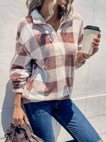 SHEIN LUNE Buffalo Plaid Pattern Drop Shoulder Quarter Zipper Sweatshirt - Multicolor - View 1