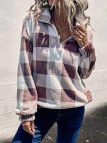 SHEIN LUNE Buffalo Plaid Pattern Drop Shoulder Quarter Zipper Sweatshirt - Multicolor - View 3