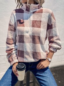 SHEIN LUNE Buffalo Plaid Pattern Drop Shoulder Quarter Zipper Sweatshirt - Multicolor - View 4