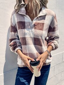 SHEIN LUNE Buffalo Plaid Pattern Drop Shoulder Quarter Zipper Sweatshirt - Multicolor - View 5