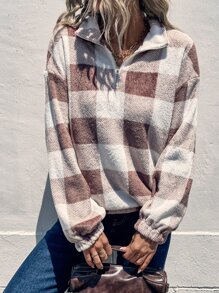 SHEIN LUNE Buffalo Plaid Pattern Drop Shoulder Quarter Zipper Sweatshirt - Multicolor - View 6