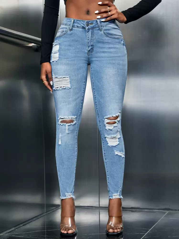 SHEIN SXY Cut Out Ripped Frayed Skinny Jeans Jeans Damripped Jeans