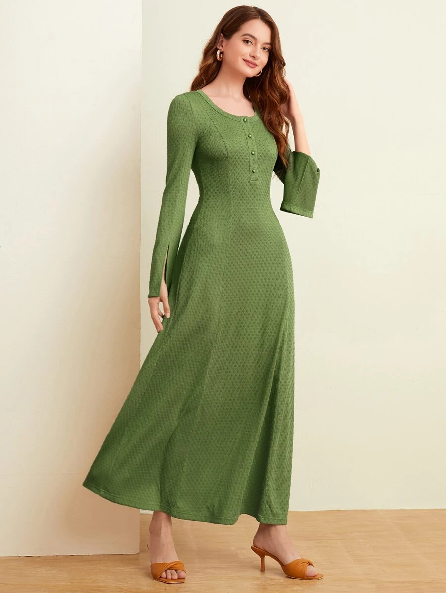 Mulvari Vestido puño con abertura botón cuarto - Verde - Ver 1