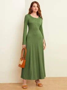 Mulvari Vestido puño con abertura botón cuarto - Verde - Ver 5