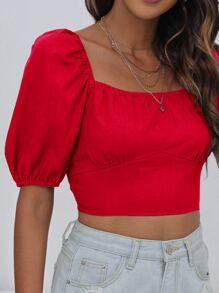 Chiquease Áo sơ mi nữ Lộ Lưng Hội Chữ thập Ren lên màu trơn Gợi cảm - Đỏ - Xem 5