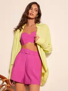 SHEIN VCAY 素色吊帶短上衣和褶皺半身裙 - 粉色 - 查看 4
