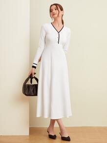Mulvari Contrast Binding Pearl Beaded Dress - White - View 2