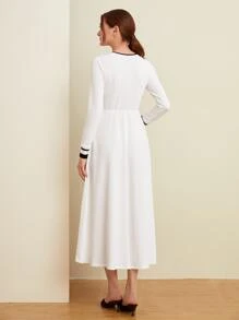 Mulvari Contrast Binding Pearl Beaded Dress - White - View 4