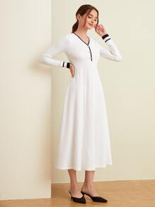 Mulvari Contrast Binding Pearl Beaded Dress - White - View 5