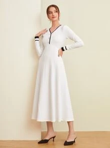 Mulvari Contrast Binding Pearl Beaded Dress - White - View 3
