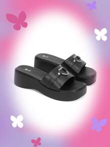 SheIn ICON Heart-Ring & Studded Decor Wedge Slide Sandals Vacation Shoes Summer Back To School Shoes College Student Shoes Spring Shoes Spring Break Easter - Black - View 1