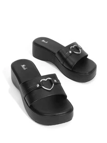 SheIn ICON Heart-Ring & Studded Decor Wedge Slide Sandals Vacation Shoes Summer Back To School Shoes College Student Shoes Spring Shoes Spring Break Easter - Black - View 4