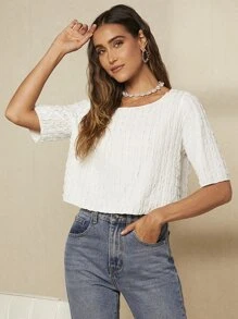 SHEIN LUNE Áo thun nữ màu trơn Giải trí - trắng - Xem 2