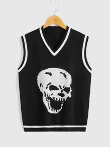 Girls Skull Pattern Striped Trim Sweater Vest - Black - View 1