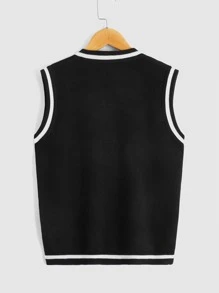 Girls Skull Pattern Striped Trim Sweater Vest - Black - View 2