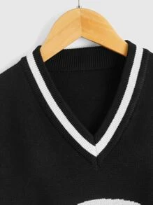 Girls Skull Pattern Striped Trim Sweater Vest - Black - View 3