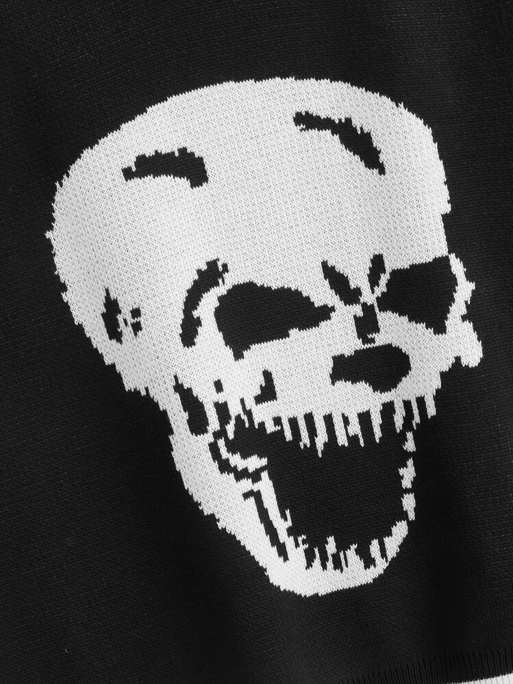 Niñas Chaleco de punto con patrón de cráneo ribete de rayas - Negro - Añade 4