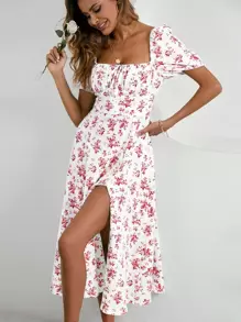 SHEIN Holidaya Allover Floral Knot Split Thigh A-line Dress - White - View 4