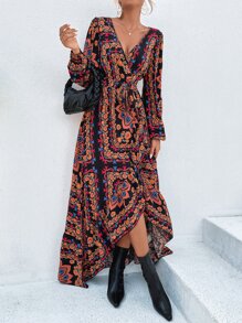 Breezaya Floral & Scarf Print Lantern Sleeve Ruffle Trim Wrap Dress - Multicolor - View 1