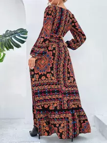 Breezaya Floral & Scarf Print Lantern Sleeve Ruffle Trim Wrap Dress - Multicolor - View 2