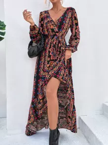 Breezaya Floral & Scarf Print Lantern Sleeve Ruffle Trim Wrap Dress - Multicolor - View 4