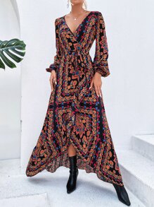 Breezaya Floral & Scarf Print Lantern Sleeve Ruffle Trim Wrap Dress - Multicolor - View 5