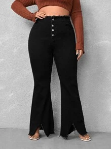 Plus High Waist Frayed Trim Split Hem Button Fly Flare Leg Jeans - Black - View 1