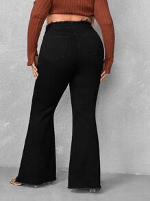 Plus High Waist Frayed Trim Split Hem Button Fly Flare Leg Jeans - Black - View 2