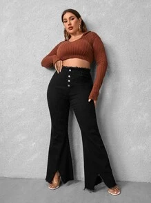 Plus High Waist Frayed Trim Split Hem Button Fly Flare Leg Jeans - Black - View 3