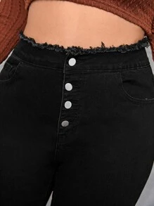 Plus High Waist Frayed Trim Split Hem Button Fly Flare Leg Jeans - Black - View 6