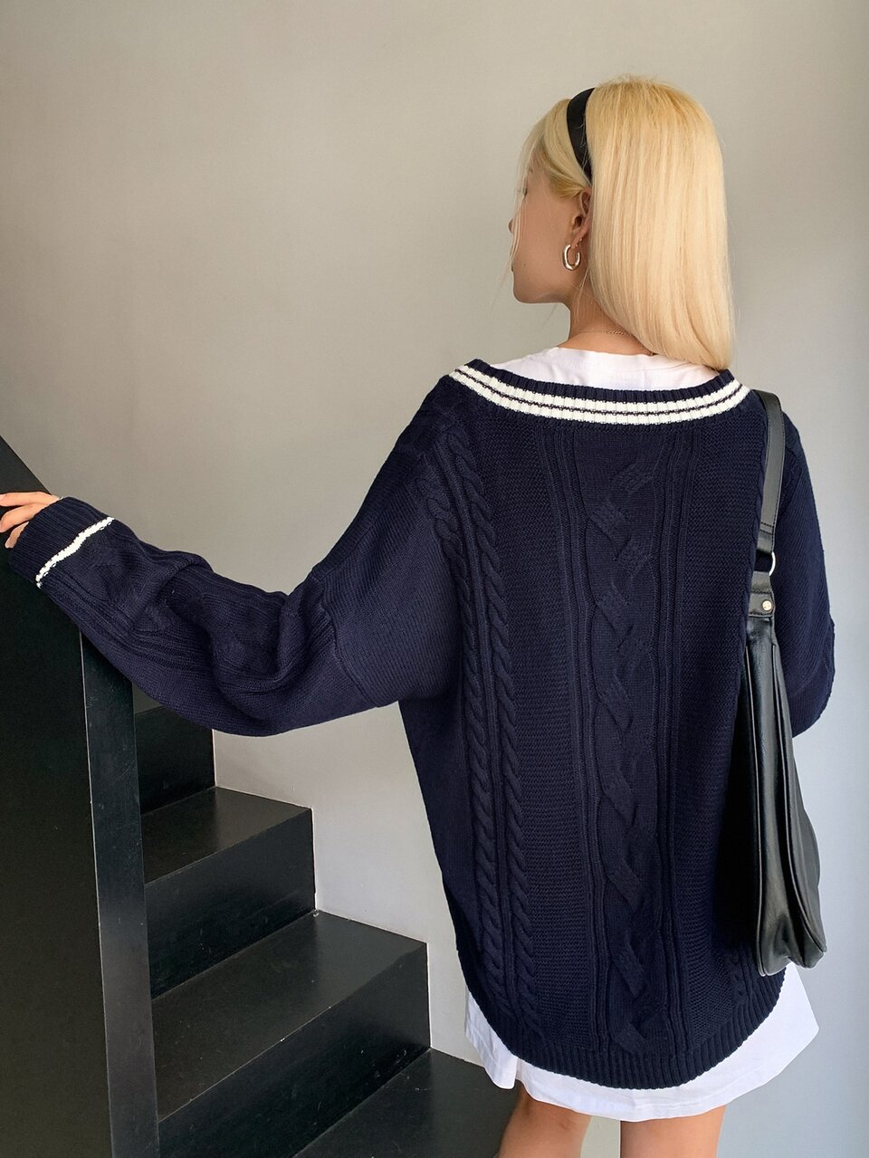 Striped Trim Drop Shoulder Cable Knit Sweater Without Tee