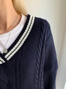 DAZY Sọc trang trí Thả vai Xoắn Dan Áo len Without Tee - Màu xanh hải quân - Xem 3