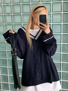 DAZY Sọc trang trí Thả vai Xoắn Dan Áo len Without Tee - Màu xanh hải quân - Xem 4